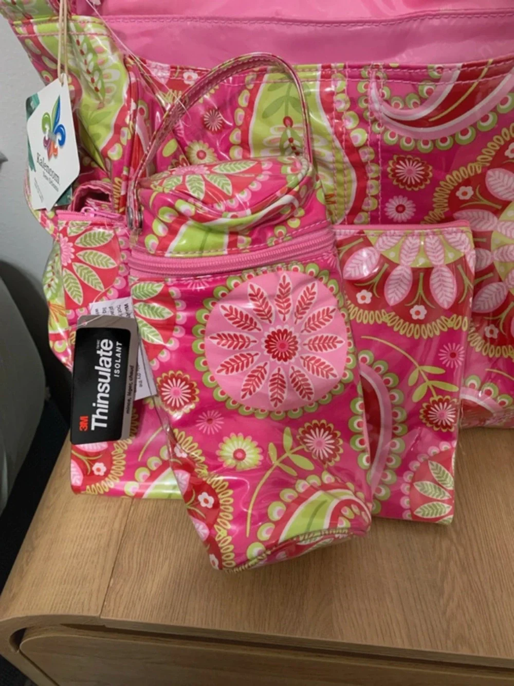 Pink Floral Baby Bag with Green Accents - Stylish Organizer